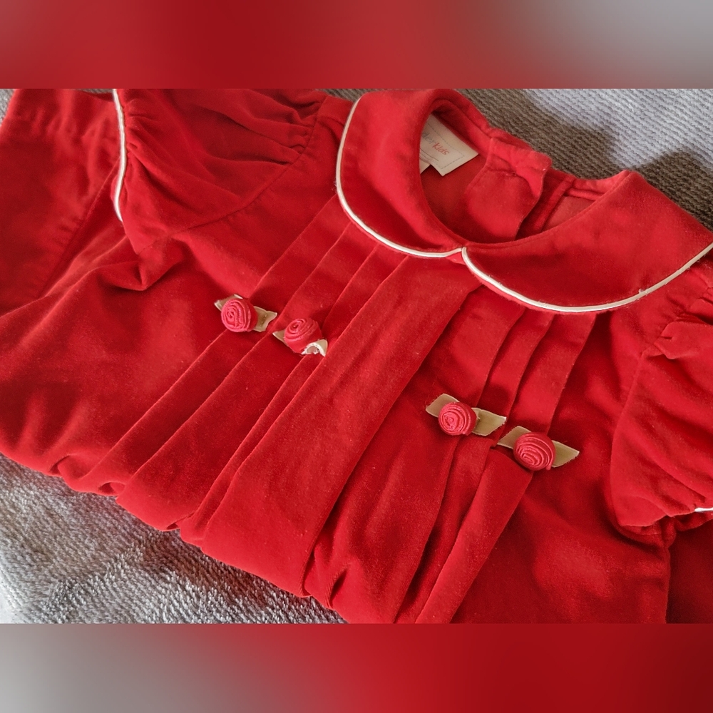 Adorable Vintage Red Dress with Peter Pan Collar 100% Cotton Velvet Look 18M - Picture 8 of 11